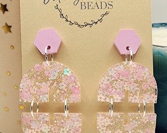 Handmade Pink Flower Dangles | Pink Glitter Flowers | Dsshandmade