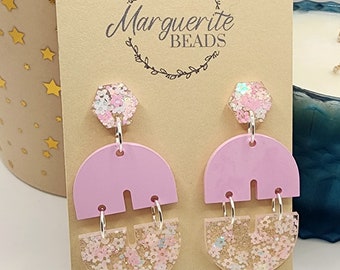 Pink Flower Dangles | Flower Stud Pink Earrings | Marguerite Beads