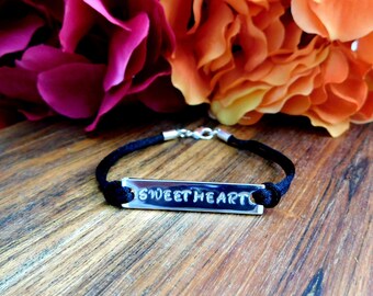 Sweetheart Bracelet, Silver Plated, Hand-Stamped Bracelet, Customized Bracelet, Black Cord Bracelet