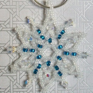 Christmas Holiday FROZEN Snowflake Ornament 071 - Hand Stitched Swarovski Crystal and Glass Beads - Capri Blue and Frosted White