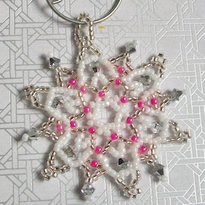 Christmas Holiday FROZEN Snowflake Ornament 039 - Hand Stitched Swarovski Crystals and Glass Beads - Bubble Gum Pink White and Silver