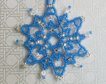 Christmas Holiday FROZEN Snowflake Ornament 141 - Hand Stitched Swarovski Crystal and Glass Beads - Pacific Blue Silver and Clear - 2 inches