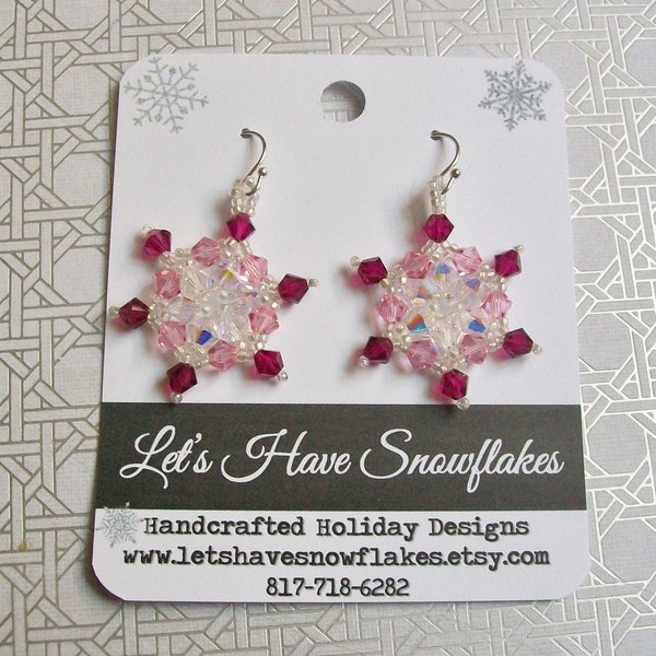 FROZEN Snowflake Swarovski Crystal Dangle Earrings 024 - Hand Stitched - Magenta Rose Pink and Clear AB Crystals with Silver Lined Beads