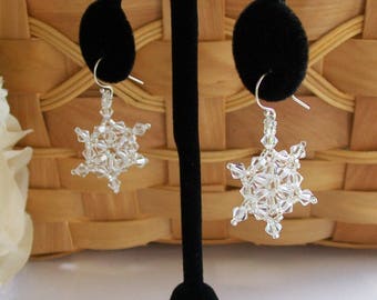 FROZEN Snowflake Swarovski Crystal Dangle Earrings 021 - Hand Stitched - Clear Crystals and Silver Seed Beads