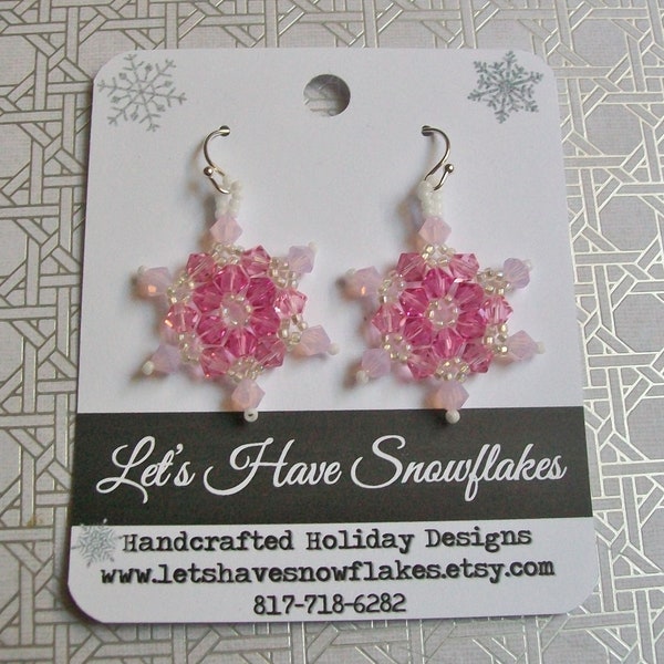 FROZEN Snowflake Swarovski Crystal Dangle Earrings 023 - Hand Stitched - Three Shades of Pink Crystals with Silver Lined Beads