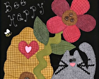 Chubby Kitty Wool Applique Pattern - Spring Block 2 of 4 Digital Download PDF