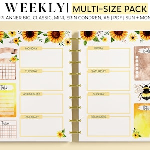 WEEKLY Planner Inserts for Happy Planner Classic, Big & Mini, Erin Condren and A5 Size Planners, Sunflowers and Bees Printable Planner Pages