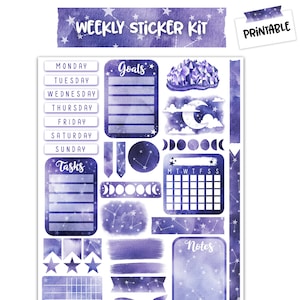Printable Journal Sticker Kit, Weekly Sticker Kit, 33 Aesthetic and Functional Galaxy and Constellation Stickers