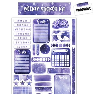 Printable Journal Sticker Kit, Weekly Sticker Kit, 33 Aesthetic and Functional Galaxy and Constellation Stickers