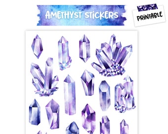 Amethyst Crystals Sticker Sheet, Printable Sticker Set for Journals, Planners and Scrapbooking, Witch Aesthetic