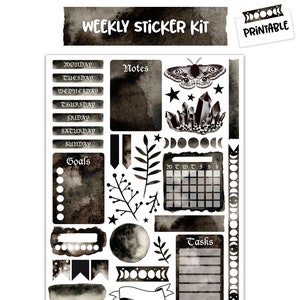 Printable Planner Weekly Sticker Kit, 37 Aesthetic Stickers for Journals, Black Halloween Watercolor Stickers, Witch Aesthetic