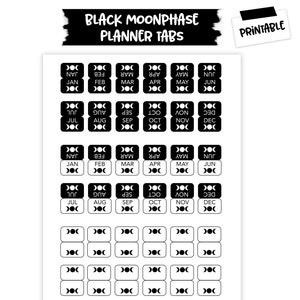 Printable Monthly Planner Tabs, Black Gothic Moonphase Planner Tabs