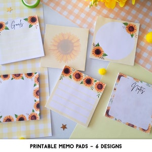 Könnte beinhalten: Sechs quadratische Notizblöcke mit Sonnenblumen-Illustrationen. Die Designs umfassen einen Block mit der Aufschrift Goals, eine große Sonnenblume, einen kreisförmigen Rahmen, einen Sonnenblumenrand, eine linierte Seite mit Sonnenblumen und einen Notizblock.
