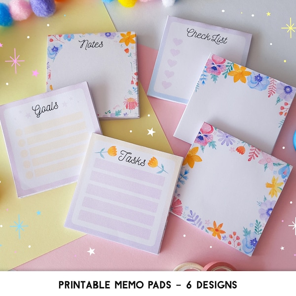 Printable Memo Pad Notes, Pastel Rainbow Floral Stationery, To Do List Sticky Note Pad, Planners and Journalling Accessories