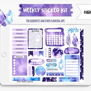 Kit de pegatinas semanales para agenda digital, 34 pegatinas estéticas para diario digital, pegatinas de luna y estrellas en acuarela morada, estilo bruja.