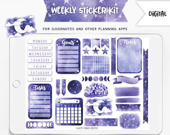 Digital Planner Weekly Sticker Kit, 33 Aesthetic Stickers for Digital Journals, Watercolor Galaxy Stickers, Purple Stickers