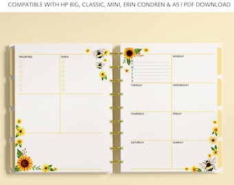 Sunflower Weekly Dashboard Planner Inserts – Printable Refill Fits A5 & Happy Planner Big, Classic, Mini with Bumble Bee Layout