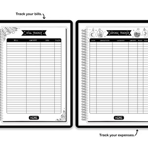 May include: Two spiral-bound planner pages featuring black and white designs. The left page is a Bill Tracker with columns for bill, amount, due, and paid. The right page is an Expense Tracker with columns for date, description, category, and amount.