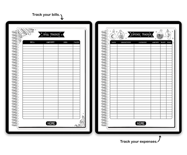 May include: Two spiral-bound planner pages featuring black and white designs. The left page is a Bill Tracker with columns for bill, amount, due, and paid. The right page is an Expense Tracker with columns for date, description, category, and amount.