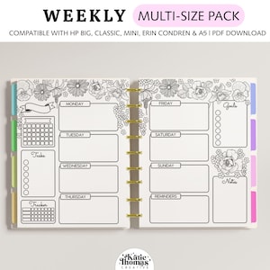 Insertos imprimibles para colorear para planificadores semanales, compatibles con Happy Planner Classic, Big & Mini, Erin Condren y tamaño A5. Páginas para colorear florales.