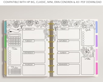 Printable Colouring WEEKLY Planner Inserts fits Happy Planner Classic, Big & Mini, Erin Condren and A5 Size Planners, Floral Coloring Pages