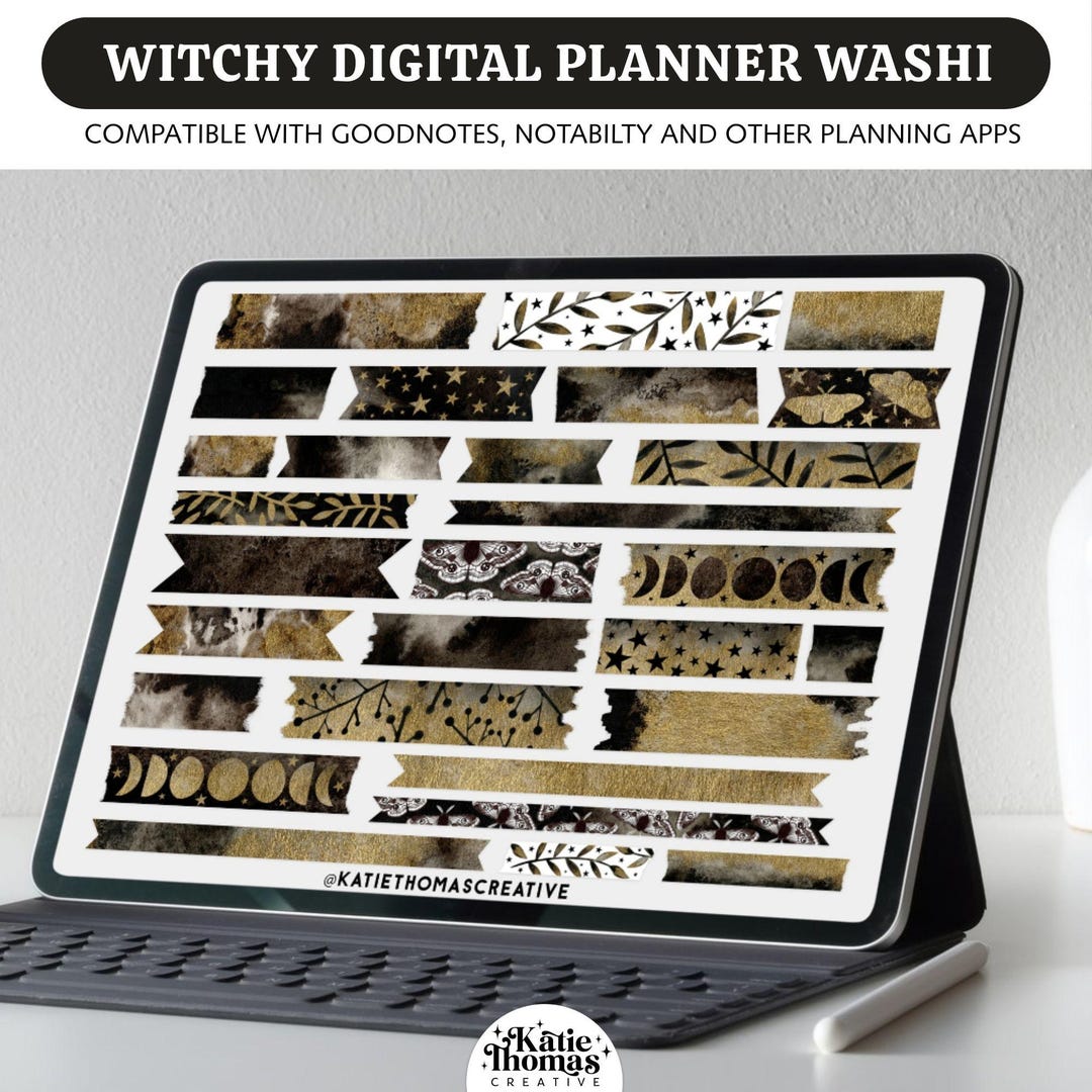 Black and Gold Digital Planner Stickers, Watercolor Washi Tape Set, PNG ...