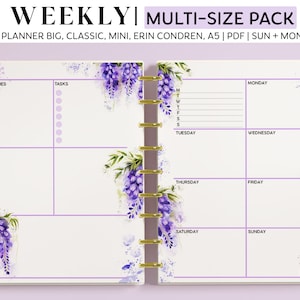 WEEKLY DASHBOARD Planner Inserts for Happy Planner Classic, Big & Mini, Erin Condren + A5 Size Planners, Watercolor Purple Wisteria Flowers