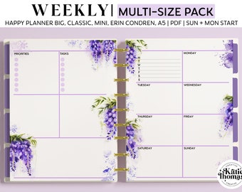 WEEKLY DASHBOARD Planner Inserts for Happy Planner Classic, Big & Mini, Erin Condren + A5 Size Planners, Watercolor Purple Wisteria Flowers