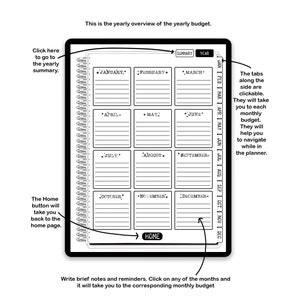May include: A digital yearly budget planner interface featuring a spiral-bound layout with twelve monthly sections labeled January through December. It includes a summary tab, a home button, and clickable side navigation tabs for monthly budget access.