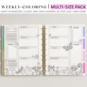 Printable Colouring WEEKLY Planner Inserts for Happy Planner Classic, Big & Mini, Erin Condren and A5 Size Planners, Mushroom Garden