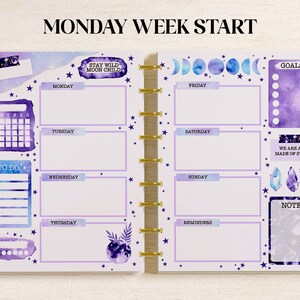 May include: A two-page planner layout with a Monday week start, featuring purple and blue watercolour celestial themes. It includes sections for days of the week, a monthly calendar, goals, to-do lists, notes, and moon phase graphics with text.
