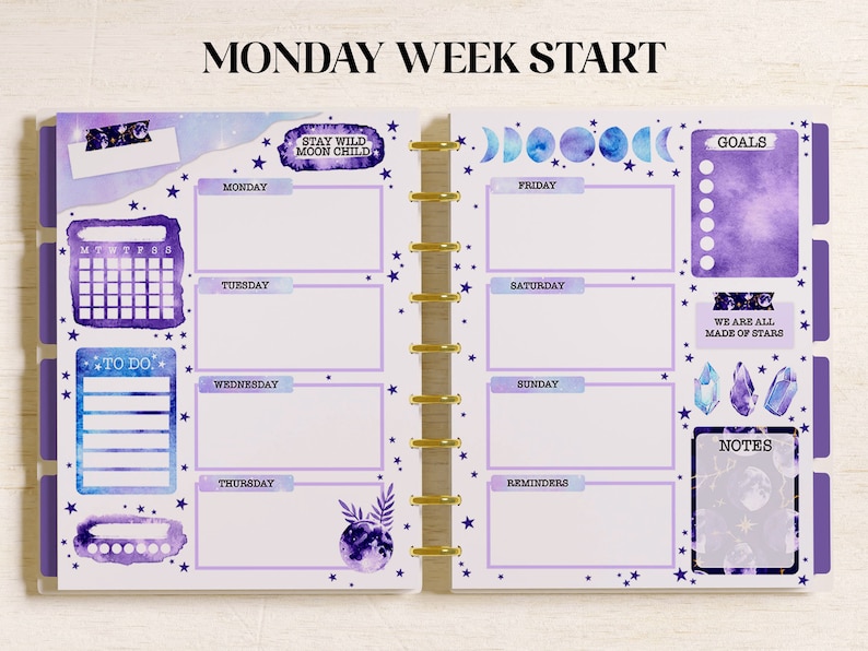 May include: A two-page planner layout with a Monday week start, featuring purple and blue watercolour celestial themes. It includes sections for days of the week, a monthly calendar, goals, to-do lists, notes, and moon phase graphics with text.