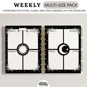 Puede incluir: Un planificador semanal en blanco y negro con un borde decorativo y encuadernación dorada. El planificador presenta secciones para cada día de la semana, con un diseño de sol y luna. El texto en la parte superior dice "WEEKLY MULTI-SIZE PACK".