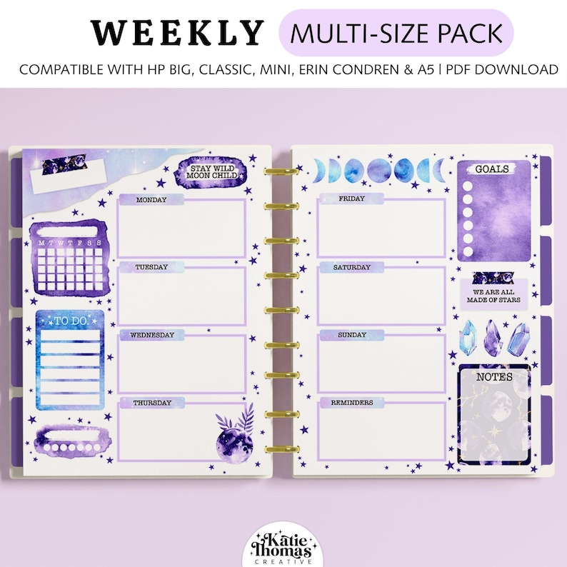 May include: A weekly planner layout featuring a celestial theme with purple and blue watercolour accents. The pages include sections for Monday through Sunday, a monthly calendar, to-do lists, goals, notes, and moon phase illustrations with text.