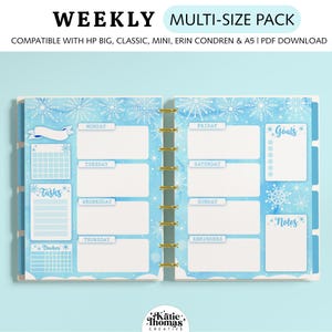 May include: A weekly planner insert with a blue snowflake theme. The text reads WEEKLY MULTI-SIZE PACK, COMPATIBLE WITH HP BIG, CLASSIC, MINI, ERIN CONDREN & A5 | PDF DOWNLOAD. It features sections for Monday through Sunday, tasks, goals, and notes.