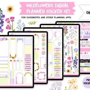 Digital Planner Sticker Kit, 190+ Aesthetic Stickers for Digital Journals, Spring Wildflowers Floral Themed Goodnotes Stickers