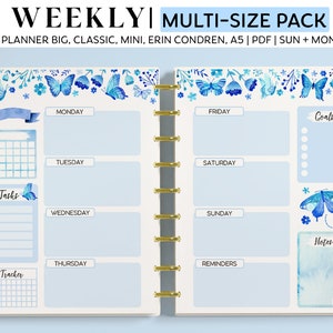 WEEKLY Planner Inserts for Happy Planner Classic, Big & Mini, Erin Condren and A5 Size Planners, Blue Butterflies and Flowers