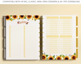 Printable To Do List - Sunflower Planner Inserts fits A5, Happy Planner Classic, Mini, Big - Checklist Pages & Grocery List Template