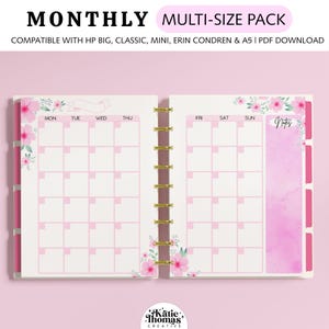 Pagine di planner MENSILI adatte a Happy Planner Classic, Big & Mini, Erin Condren e planner formato A5, pagine di planner stampabili con motivo floreale rosa.