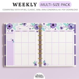 Inserti per planner verticale SETTIMANALE adatti a Happy Planner Classic, Big & Mini, Erin Condren e planner formato A5, pagine stampabili con motivo floreale viola.