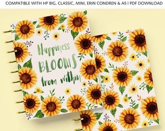 Printable Planner Cover fits Classic Happy Planner, Mini Happy Planner, Big Happy Planner, Erin Condren and A5 Sizes: Yellow Sunflowers