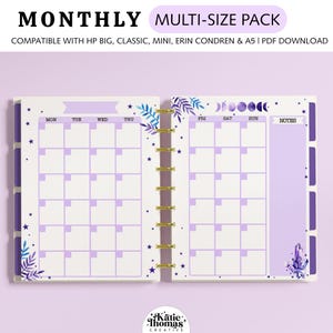 Insertos imprimibles mensuales para planificadores Happy Planner Classic, Big, Mini, Erin Condren y A5. Diseño con fases lunares y estrellas. Estética de brujas.