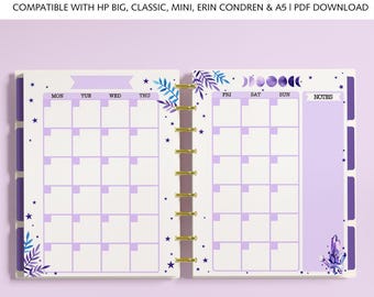 MONTHLY Printable Planner Inserts fits Happy Planner Classic, Big, Mini, Erin Condren and A5 Sizes, Moon Phases and Stars, Witchy Aesthetic
