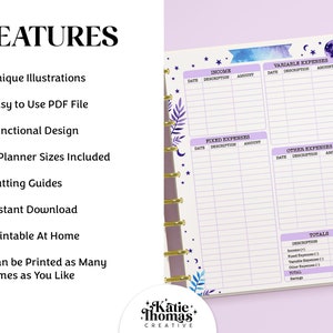 May include: A printable budget planner with a whimsical design featuring stars, moons, and floral elements. The planner includes sections for income, fixed expenses, variable expenses, and other expenses. It also has a totals section for tracking income and expenses.