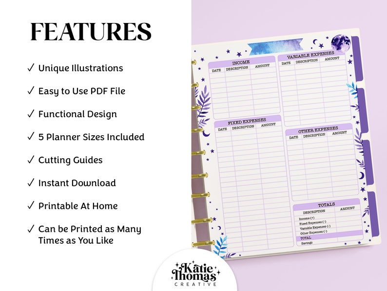 May include: A printable budget planner with a whimsical design featuring stars, moons, and floral elements. The planner includes sections for income, fixed expenses, variable expenses, and other expenses. It also has a totals section for tracking income and expenses.