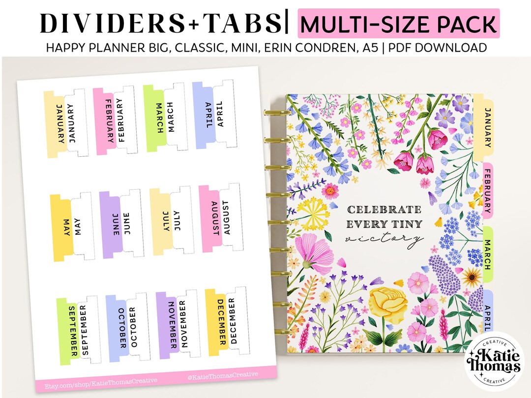 Printable Monthly Planner Dividers and Tabs for Happy Planner Classic, Big, Mini, Erin Condren ...