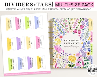 Printable Monthly Planner Dividers and Tabs for Happy Planner Classic, Big, Mini, Erin Condren and A5 Sizes: Floral Wildflowers Theme