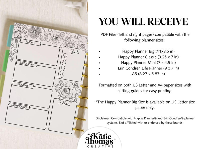 Printable Colouring WEEKLY Planner Inserts Fits Happy Planner Classic ...