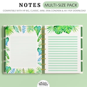 Tropical Leaves Printable Planner Inserts, Printable Note Paper fits Happy Planner Classic, Big, Mini, Erin Condren and A5 Planner Sizes