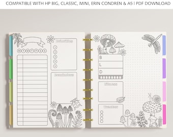Printable Coloring DAILY Planner Inserts fits Happy Planner Classic, Big & Mini, Erin Condren and A5 Size Planners, Mushroom Garden